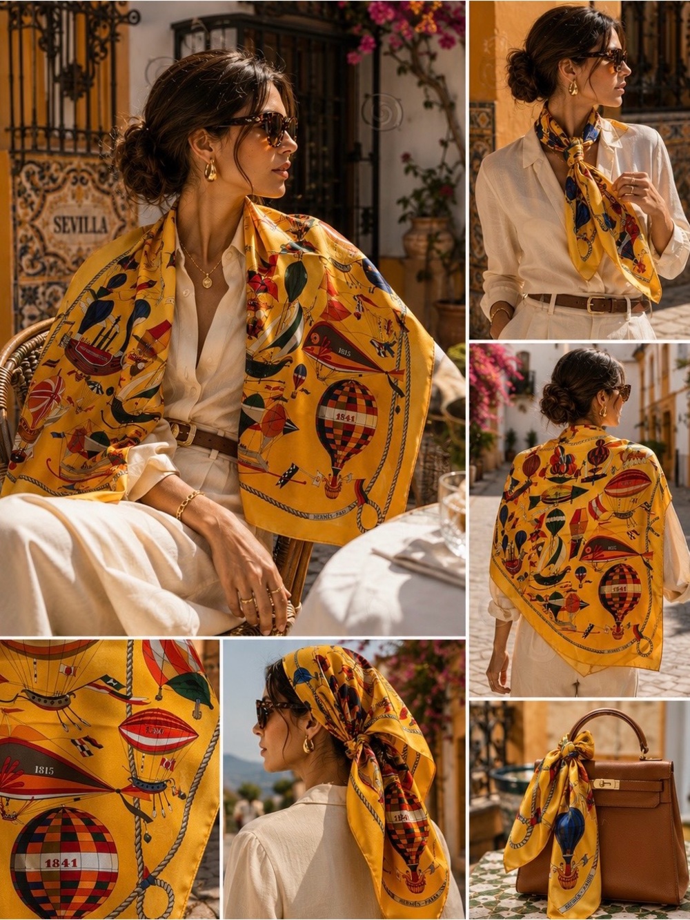 Hermès Les Folies du Ciel 90 Silk Scarf Yellow Loïc Dubigeon France Like New
